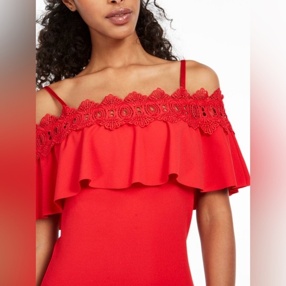 BCX Womens Red Lace Spaghetti Strap Off Shoulder Knee Length size 11 NEW - Picture 3 of 8